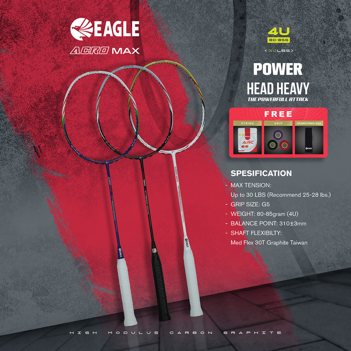 Badminton Racket Acromax ( Head Heavy 4U ) EAGLE